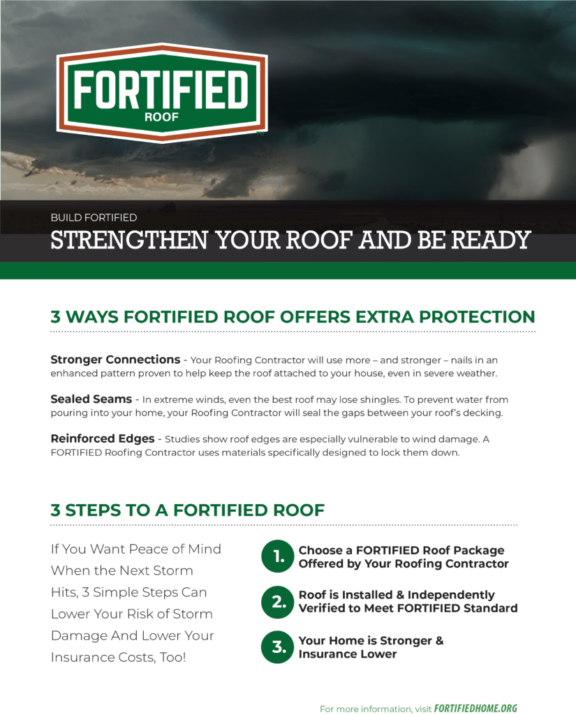 Graphic explains how a FPRTIFIED roof adds extra protection and the steps to bring a roof up to the FORTIFIED standard.