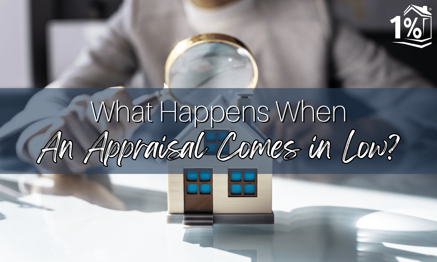 A person at a desk with a large magnifying glass examining a model of a house demonstrating the concept of home appraisals
